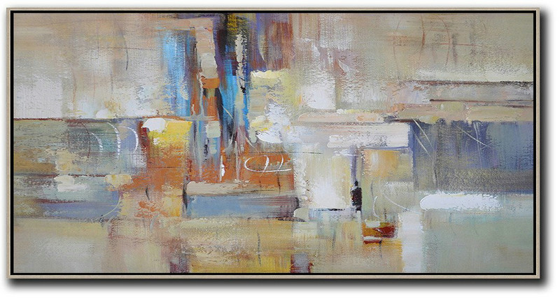 Large Modern Abstract Painting,Horizontal Palette Knife Contemporary Art,Pretty Abstract Paintings,Earthy Yellow,Blue,White,Brown.etc
